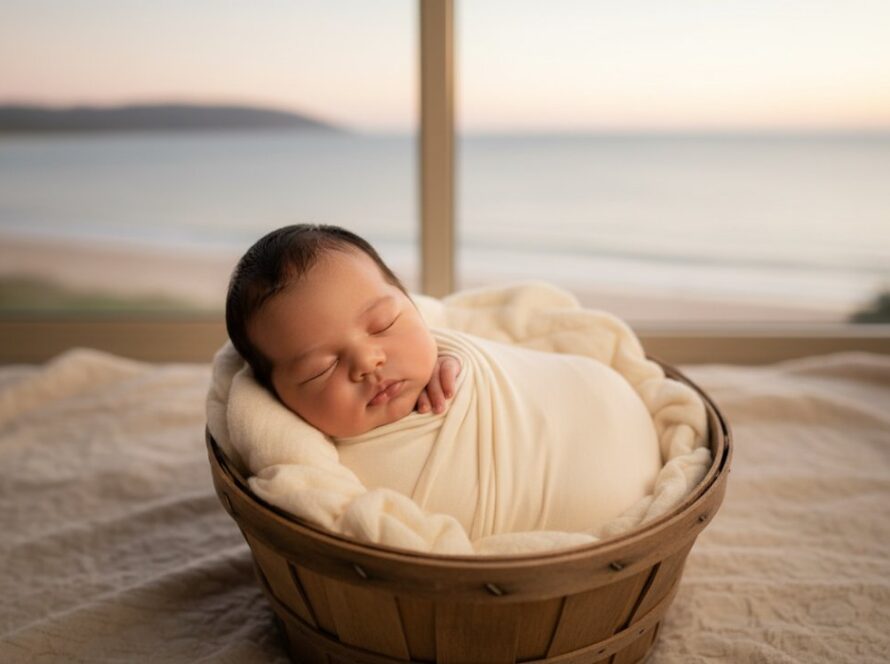 A serene, cinematic shot of a newborn baby gently swaddled, positioned on a soft, natural blanket with a soft-focus background hinting at the beautiful coastal light of Rosebud, Mornington Peninsula, representing the essence of coastal newborn photography.