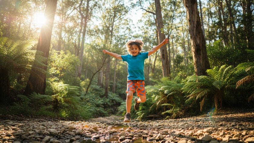 A wide-angle, sun-drenched photograph showcasing Cockatoo kids photography capturing genuine joy, with a child laughing mid-air on a swing, surrounded by the vibrant greenery of the Dandenong Ranges.