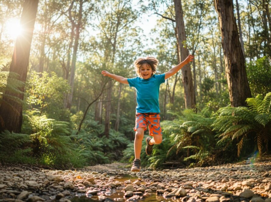 A wide-angle, sun-drenched photograph showcasing Cockatoo kids photography capturing genuine joy, with a child laughing mid-air on a swing, surrounded by the vibrant greenery of the Dandenong Ranges.