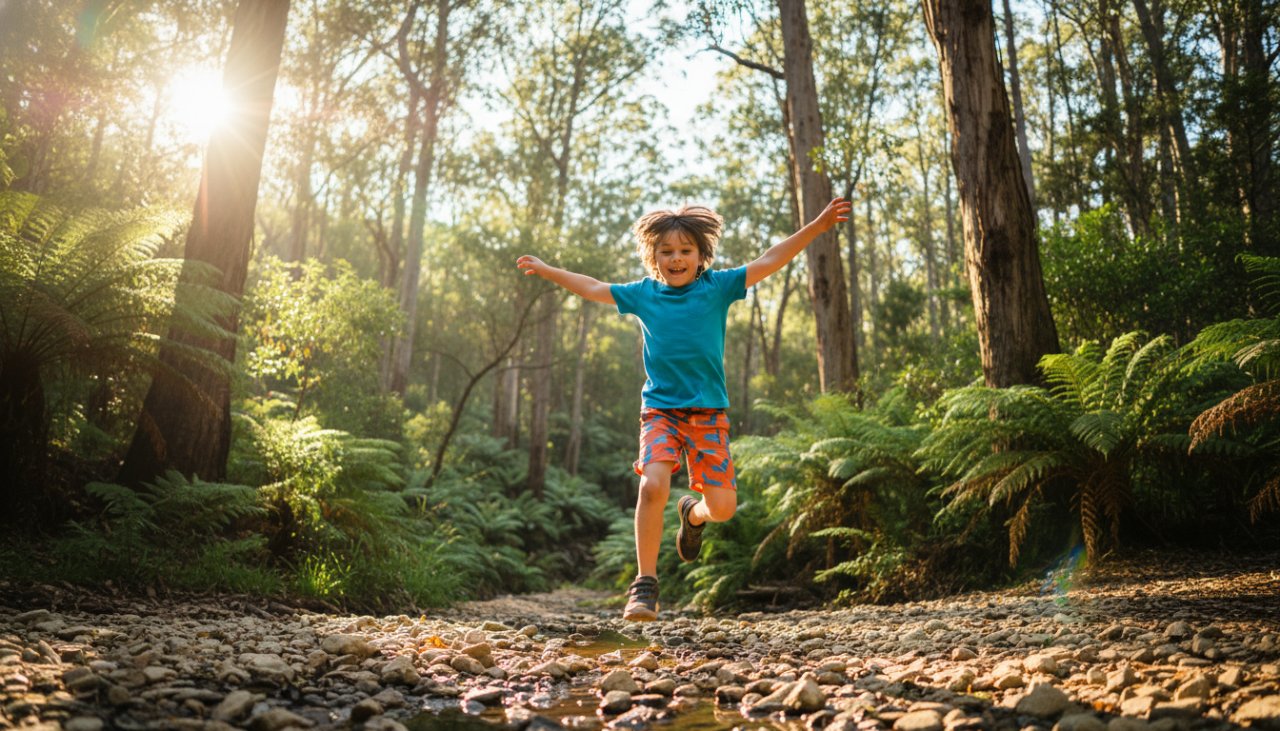 A wide-angle, sun-drenched photograph showcasing Cockatoo kids photography capturing genuine joy, with a child laughing mid-air on a swing, surrounded by the vibrant greenery of the Dandenong Ranges.