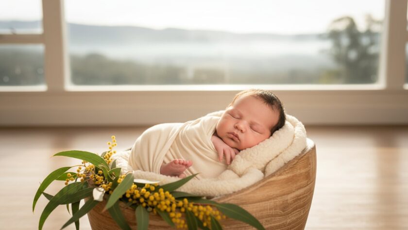 A tender, close-up photograph capturing a newborn baby swaddled in soft, earthy tones, gently cradled in a parent's hands, bathed in warm, natural light, symbolizing Cockatoo newborn photography serene sessions and the delicate beauty of new life.