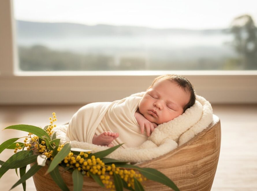 A tender, close-up photograph capturing a newborn baby swaddled in soft, earthy tones, gently cradled in a parent's hands, bathed in warm, natural light, symbolizing Cockatoo newborn photography serene sessions and the delicate beauty of new life.