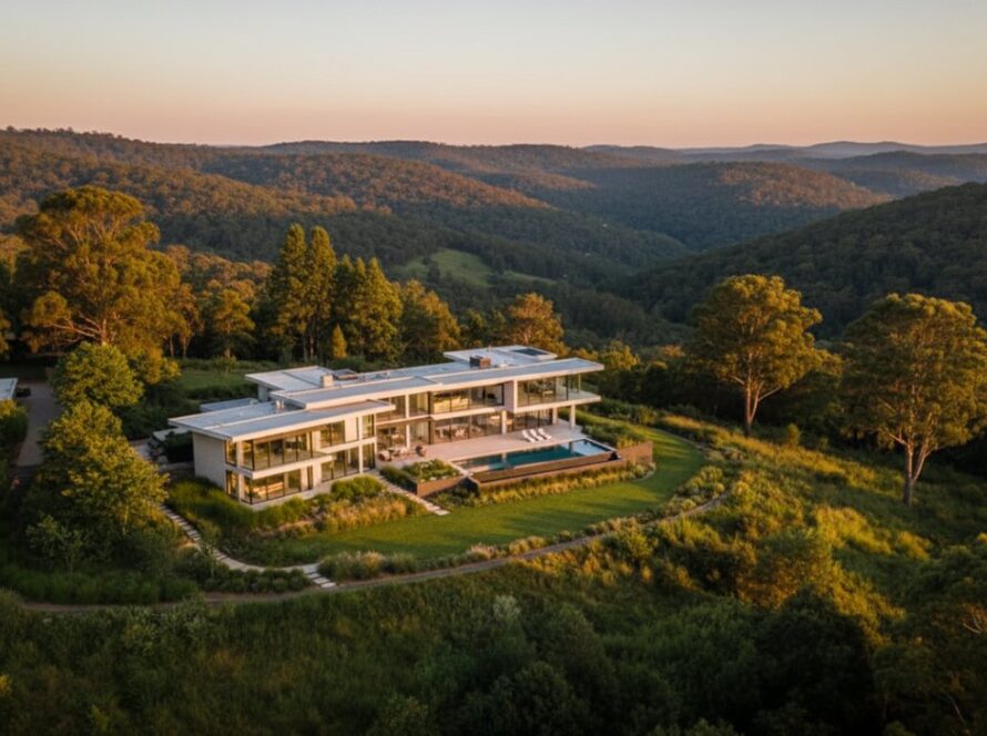 A stunning aerial view of a luxury Cockatoo home at golden hour, surrounded by lush Victorian bushland, expertly captured by Cockatoo Real Estate Photography Experts to showcase its serene beauty.