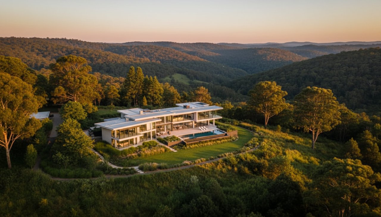 A stunning aerial view of a luxury Cockatoo home at golden hour, surrounded by lush Victorian bushland, expertly captured by Cockatoo Real Estate Photography Experts to showcase its serene beauty.