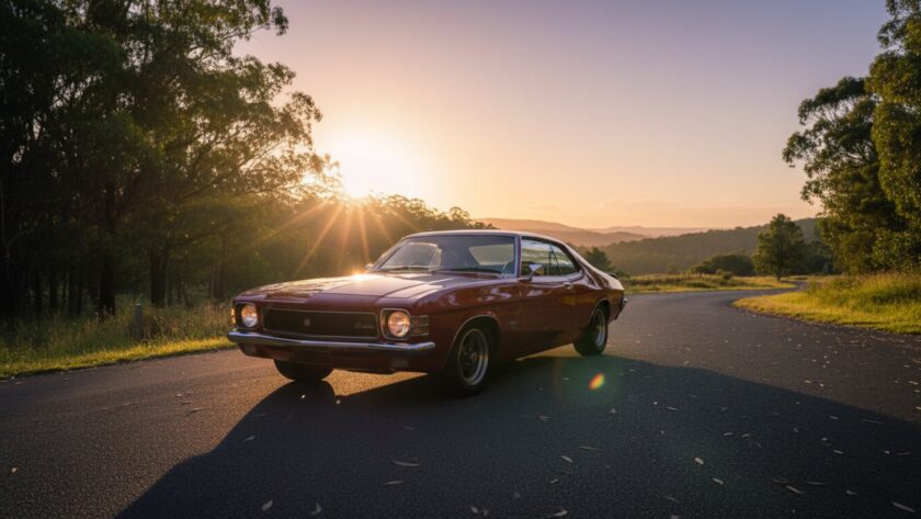 An epic moment captured in Cockatoo Victoria bespoke vintage car photography sessions, featuring a gleaming classic muscle car parked on a scenic, tree-lined country road at sunset, casting long shadows. The golden light highlights the car's curves and reflections, with the Dandenong Ranges in the misty background, evoking a sense of timeless elegance and power.