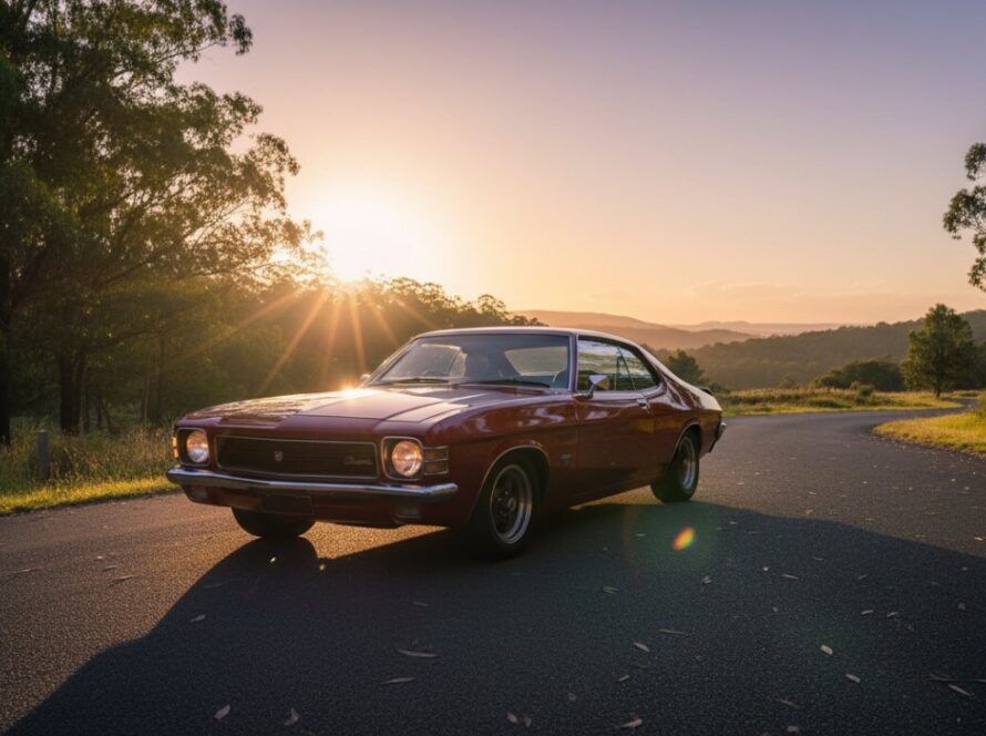 An epic moment captured in Cockatoo Victoria bespoke vintage car photography sessions, featuring a gleaming classic muscle car parked on a scenic, tree-lined country road at sunset, casting long shadows. The golden light highlights the car's curves and reflections, with the Dandenong Ranges in the misty background, evoking a sense of timeless elegance and power.