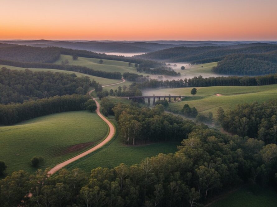 An awe-inspiring Cockatoo Victoria drone photography breathtaking aerials shot capturing a vibrant sunset over the Dandenong Ranges, with a small historic timber bridge perfectly framed amidst lush gum trees and a mist-filled valley, embodying an epic moment of natural beauty.