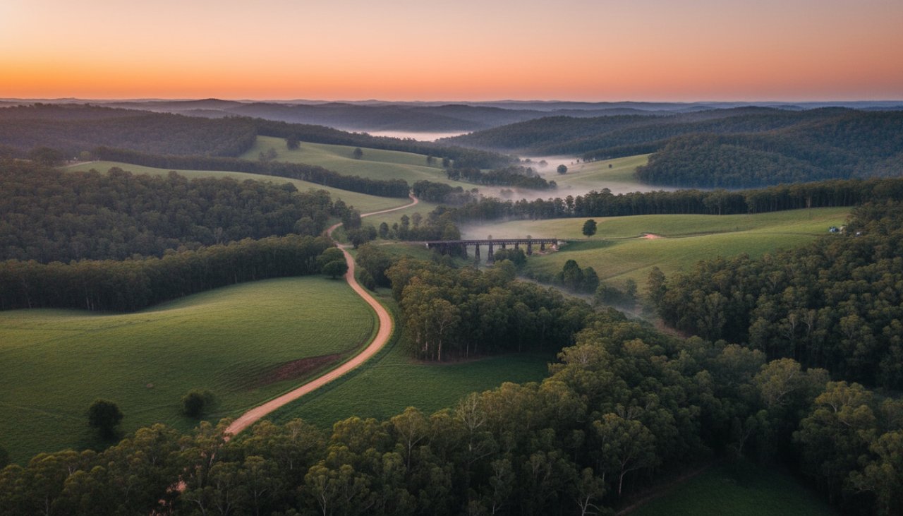 An awe-inspiring Cockatoo Victoria drone photography breathtaking aerials shot capturing a vibrant sunset over the Dandenong Ranges, with a small historic timber bridge perfectly framed amidst lush gum trees and a mist-filled valley, embodying an epic moment of natural beauty.