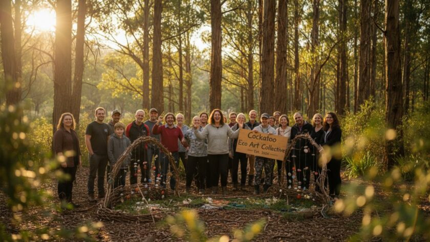 An epic moment captured in Cockatoo Victoria for an editorial photography compelling narratives feature: a local community group celebrating the successful launch of an environmental art installation in a sun-dappled forest, faces beaming with joy and pride, cinematic shot.