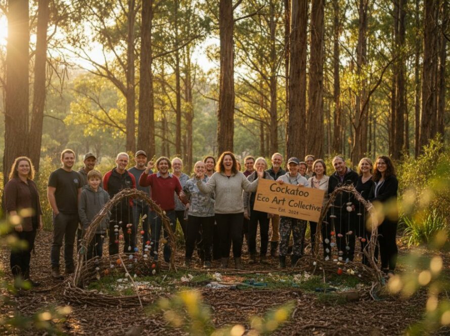An epic moment captured in Cockatoo Victoria for an editorial photography compelling narratives feature: a local community group celebrating the successful launch of an environmental art installation in a sun-dappled forest, faces beaming with joy and pride, cinematic shot.