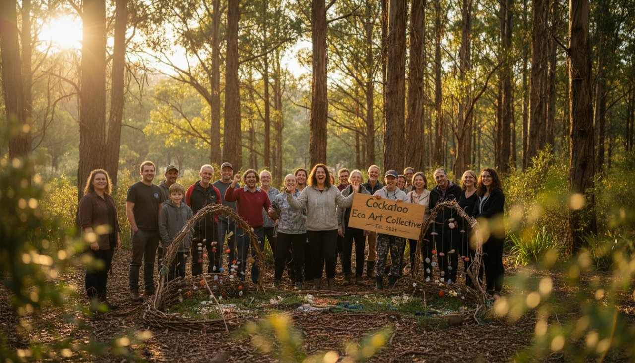An epic moment captured in Cockatoo Victoria for an editorial photography compelling narratives feature: a local community group celebrating the successful launch of an environmental art installation in a sun-dappled forest, faces beaming with joy and pride, cinematic shot.