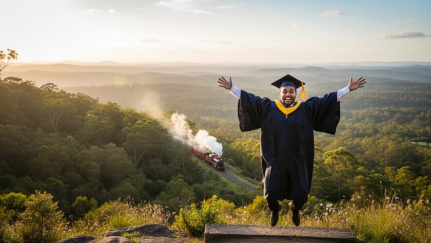 An ecstatic graduate in their gown and cap, captured during a dynamic Cockatoo Victoria graduation photography artistic portraits session, leaping joyfully against the lush, sun-dappled backdrop of the Dandenong Ranges near Cockatoo, celebrating an epic academic achievement.