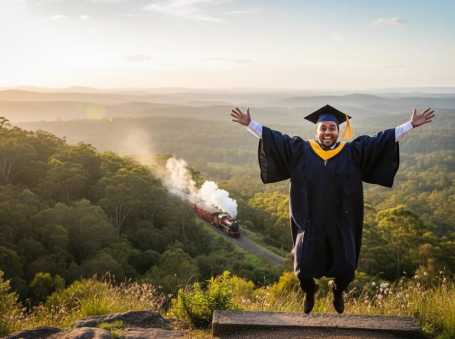 An ecstatic graduate in their gown and cap, captured during a dynamic Cockatoo Victoria graduation photography artistic portraits session, leaping joyfully against the lush, sun-dappled backdrop of the Dandenong Ranges near Cockatoo, celebrating an epic academic achievement.