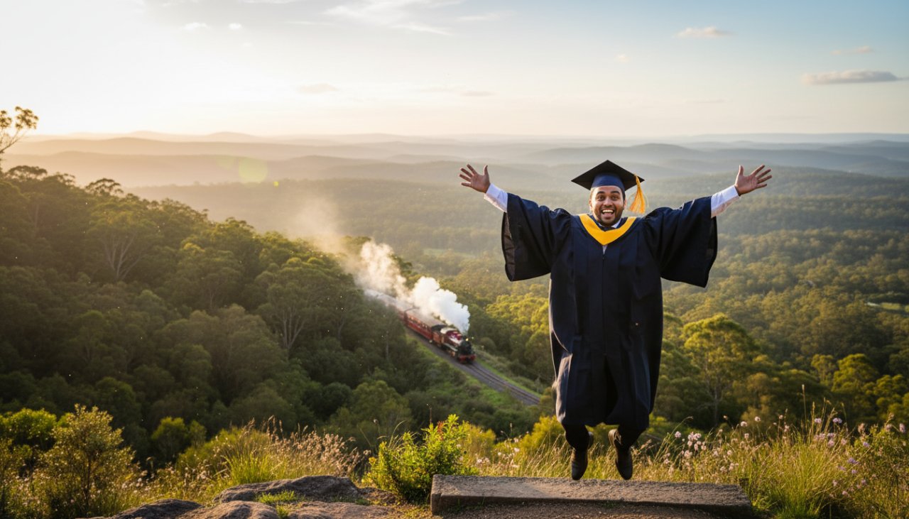 An ecstatic graduate in their gown and cap, captured during a dynamic Cockatoo Victoria graduation photography artistic portraits session, leaping joyfully against the lush, sun-dappled backdrop of the Dandenong Ranges near Cockatoo, celebrating an epic academic achievement.