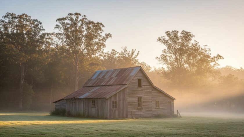 An epic, cinematic wide shot of a historic timber mill building in Cockatoo, Victoria, bathed in the warm, golden light of a sunrise, showcasing its rustic beauty and intricate details, embodying Cockatoo Victoria Heritage Architecture Photography.