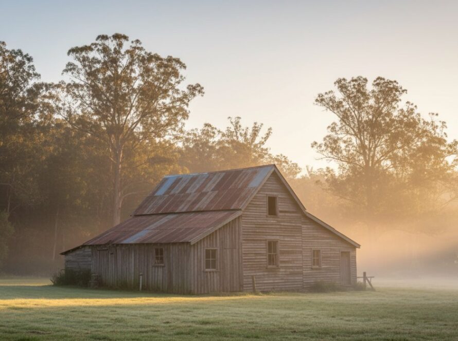 An epic, cinematic wide shot of a historic timber mill building in Cockatoo, Victoria, bathed in the warm, golden light of a sunrise, showcasing its rustic beauty and intricate details, embodying Cockatoo Victoria Heritage Architecture Photography.