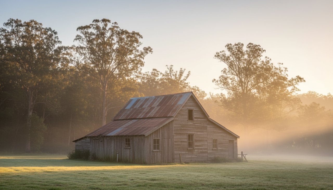 An epic, cinematic wide shot of a historic timber mill building in Cockatoo, Victoria, bathed in the warm, golden light of a sunrise, showcasing its rustic beauty and intricate details, embodying Cockatoo Victoria Heritage Architecture Photography.
