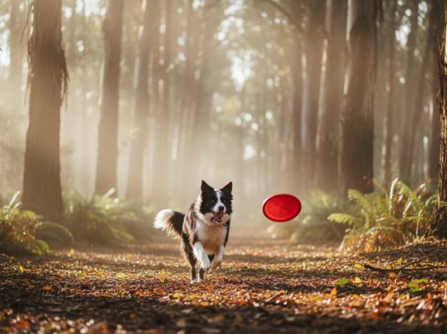A golden retriever dog mid-leap, joyfully playing in a sun-dappled forest clearing near Cockatoo, Victoria, perfectly embodying Cockatoo Victoria pet photography capturing joyful moments.