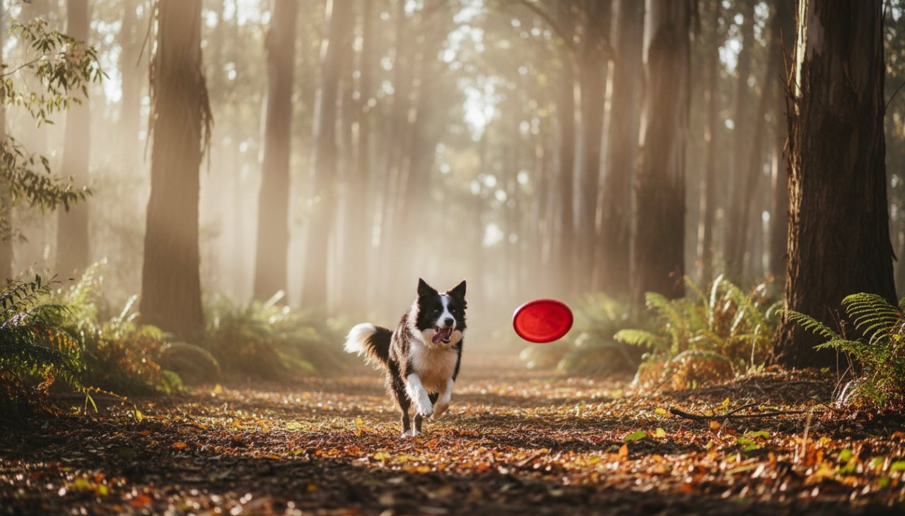 A golden retriever dog mid-leap, joyfully playing in a sun-dappled forest clearing near Cockatoo, Victoria, perfectly embodying Cockatoo Victoria pet photography capturing joyful moments.