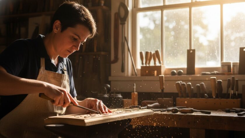 A vibrant Coldstream artisan brand photography storytelling photograph capturing a Coldstream artisan in their workshop, passionately crafting bespoke items, bathed in warm, natural light, symbolizing dedication and local expertise.