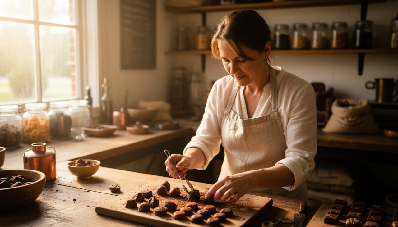 Close-up, high-angle shot showcasing a handcrafted Coldstream artisanal product, perhaps a bottle of local wine or gourmet jam, beautifully lit by golden hour sun filtering through gum leaves, evoking Coldstream artisanal product photography excellence and the natural beauty of the Yarra Valley.