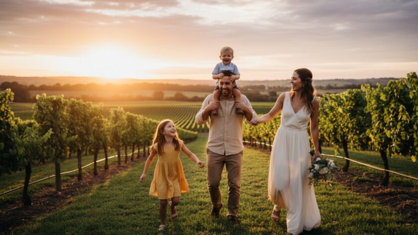A heartwarming, genuine moment of a family laughing freely in a sun-drenched Coldstream vineyard, captured through Coldstream authentic candid family photography, showcasing pure joy and connection.