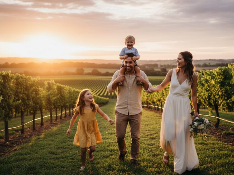 A heartwarming, genuine moment of a family laughing freely in a sun-drenched Coldstream vineyard, captured through Coldstream authentic candid family photography, showcasing pure joy and connection.