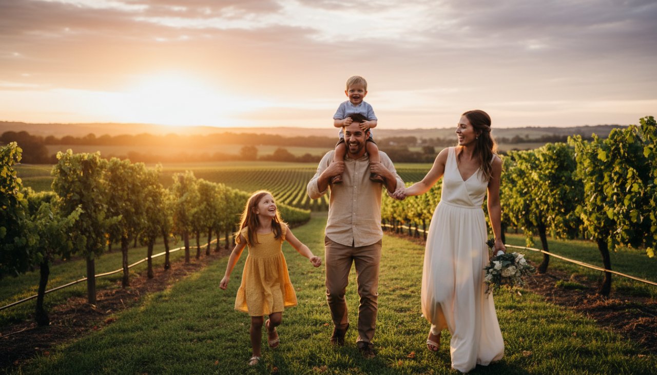 A heartwarming, genuine moment of a family laughing freely in a sun-drenched Coldstream vineyard, captured through Coldstream authentic candid family photography, showcasing pure joy and connection.