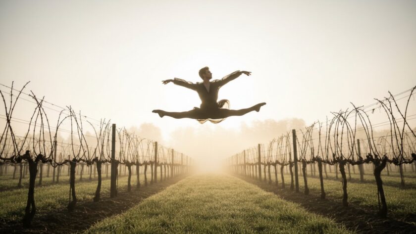 A prima ballerina mid-air, bathed in golden hour light, performing a breathtaking leap in a Coldstream vineyard, showcasing Coldstream ballet photography graceful poses in an epic moment of athletic artistry.