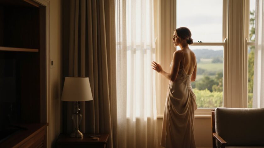 A stunning, soft-focus portrait showcasing the confidence and elegance achieved through Coldstream boudoir photography for empowering self-love, set against a backdrop evoking the serene beauty of the Yarra Valley at golden hour, with the subject bathed in natural light.