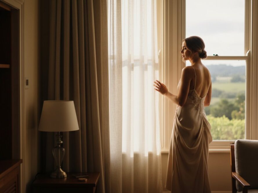 A stunning, soft-focus portrait showcasing the confidence and elegance achieved through Coldstream boudoir photography for empowering self-love, set against a backdrop evoking the serene beauty of the Yarra Valley at golden hour, with the subject bathed in natural light.