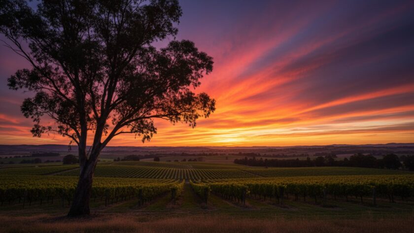 An epic moment captured in Coldstream Fine Art Photography: Yarra Valley Landscapes, featuring a dramatic sunset over rolling vineyards, with a lone, gnarled tree silhouetted against vibrant orange and purple skies, showcasing the serene beauty of the region.