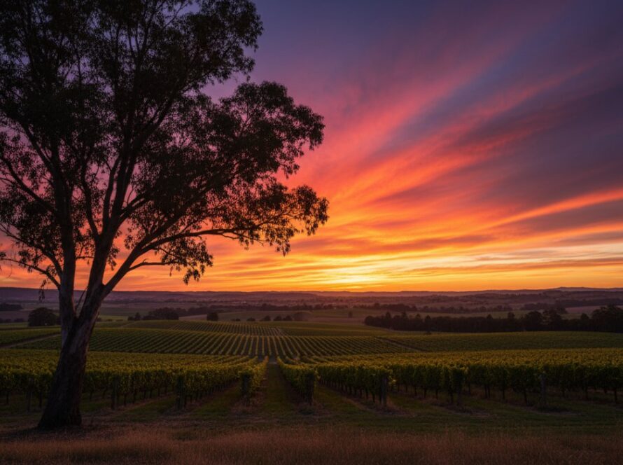 An epic moment captured in Coldstream Fine Art Photography: Yarra Valley Landscapes, featuring a dramatic sunset over rolling vineyards, with a lone, gnarled tree silhouetted against vibrant orange and purple skies, showcasing the serene beauty of the region.