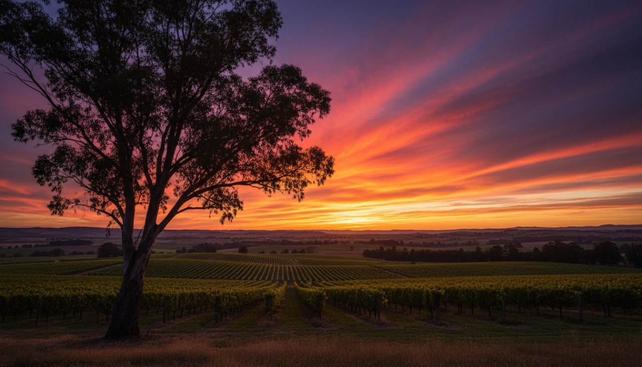 An epic moment captured in Coldstream Fine Art Photography: Yarra Valley Landscapes, featuring a dramatic sunset over rolling vineyards, with a lone, gnarled tree silhouetted against vibrant orange and purple skies, showcasing the serene beauty of the region.