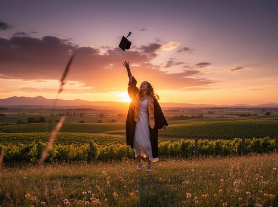 An ecstatic graduate in a cap and gown, joyfully tossing their cap into the air against the scenic backdrop of the Yarra Valley in Coldstream, embodying Coldstream graduation photography priceless memories.