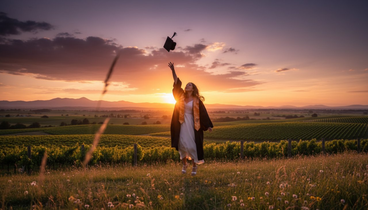 An ecstatic graduate in a cap and gown, joyfully tossing their cap into the air against the scenic backdrop of the Yarra Valley in Coldstream, embodying Coldstream graduation photography priceless memories.
