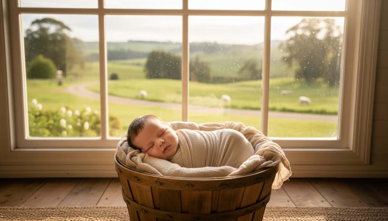 A breathtaking wide-angle shot featuring Coldstream heirloom baby photography artistic portraits, capturing a serene newborn swaddled in soft organic fabric amidst the gentle morning light of a Coldstream, Victoria, rustic, sun-drenched cottage window, creating an ethereal and timeless portrait.