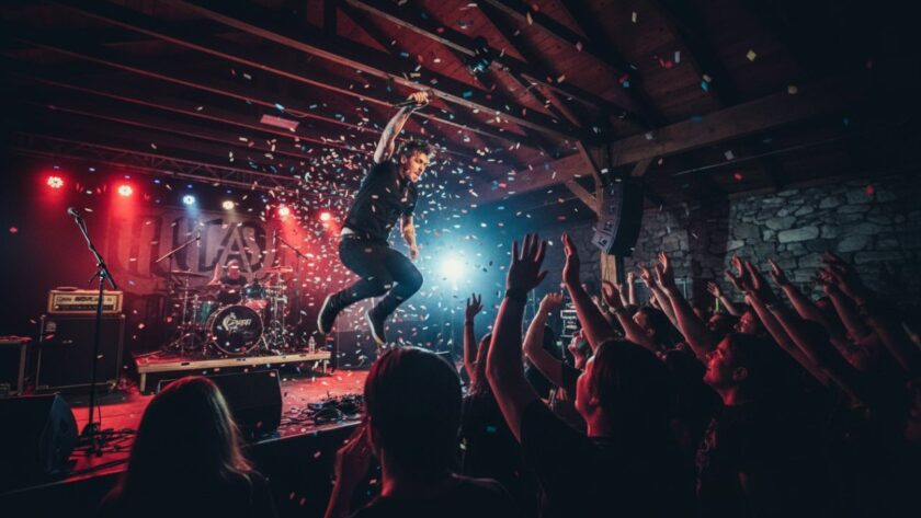 An electrifying close-up of a guitarist mid-solo on stage at a Coldstream venue, with dynamic stage lighting and crowd interaction, perfectly illustrating Coldstream live music photography capturing authentic moments.