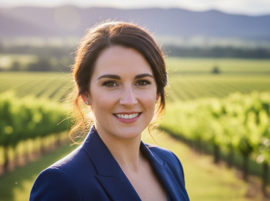 Dynamic outdoor portrait showcasing Coldstream modern professional headshots Victoria, featuring a confident entrepreneur smiling warmly against a blurred vineyard backdrop with golden hour light.