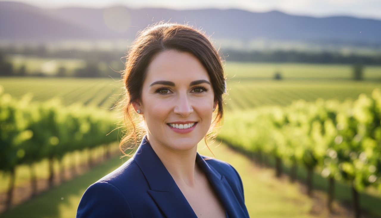 Dynamic outdoor portrait showcasing Coldstream modern professional headshots Victoria, featuring a confident entrepreneur smiling warmly against a blurred vineyard backdrop with golden hour light.
