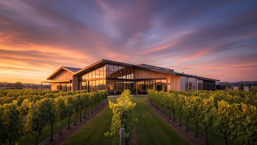 Dramatic wide shot capturing the sleek lines of a Coldstream modern winery architecture photography project at sunset, with golden light reflecting off glass facades and rolling hills in the background, conveying elegance and grandeur.
