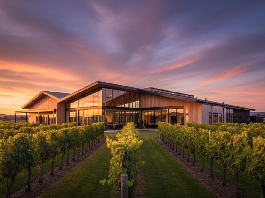 Dramatic wide shot capturing the sleek lines of a Coldstream modern winery architecture photography project at sunset, with golden light reflecting off glass facades and rolling hills in the background, conveying elegance and grandeur.