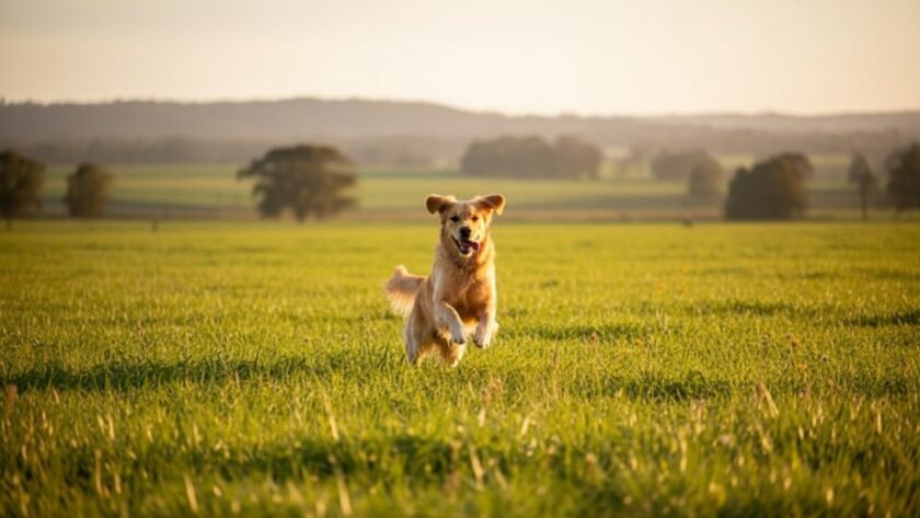 A vibrant, emotionally resonant 'epic moment' photograph capturing a golden retriever leaping gracefully through sun-dappled fields in Coldstream, Victoria, perfectly embodying Coldstream pet photography joyful outdoor portraits, showcasing pure joy and the beauty of nature.