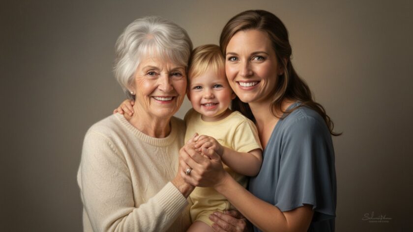 A captivating, cinematic studio portrait of a family from Coldstream Victoria, featuring a mother and her two children embracing, bathed in soft, ethereal light, representing the beauty of Coldstream Victoria modern studio portraits.