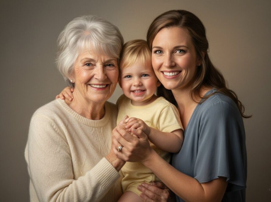 A captivating, cinematic studio portrait of a family from Coldstream Victoria, featuring a mother and her two children embracing, bathed in soft, ethereal light, representing the beauty of Coldstream Victoria modern studio portraits.