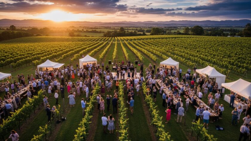 An aerial shot of a vibrant outdoor festival in Coldstream, Victoria, showcasing a joyous crowd under a stunning sunset, perfectly embodying Coldstream Victoria outdoor event photography expertise.