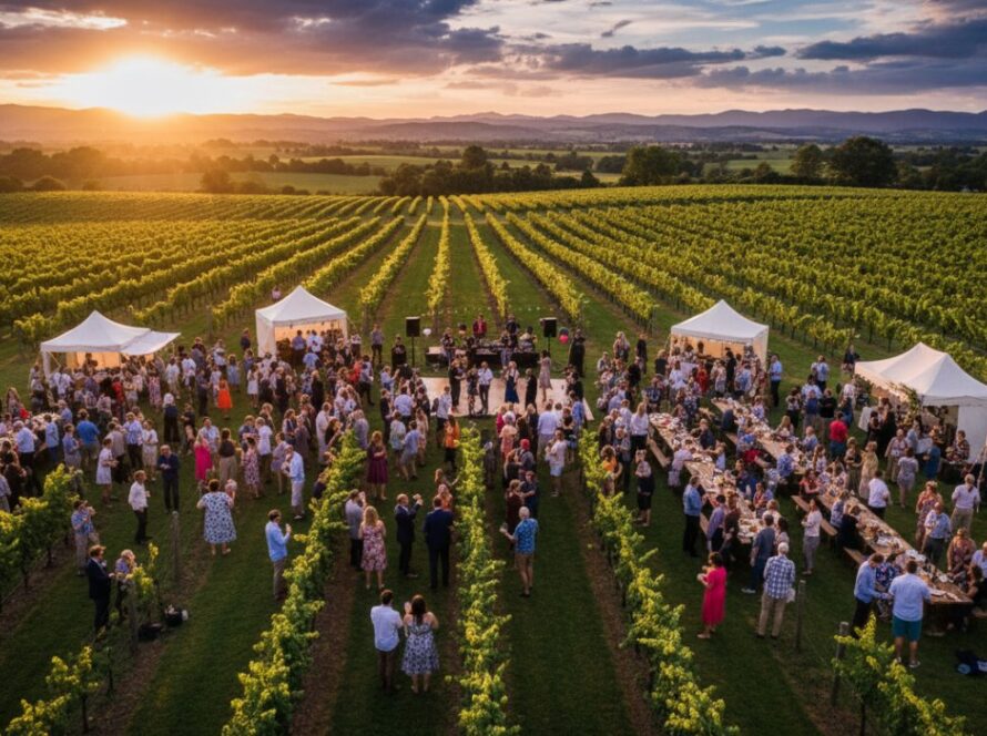 An aerial shot of a vibrant outdoor festival in Coldstream, Victoria, showcasing a joyous crowd under a stunning sunset, perfectly embodying Coldstream Victoria outdoor event photography expertise.