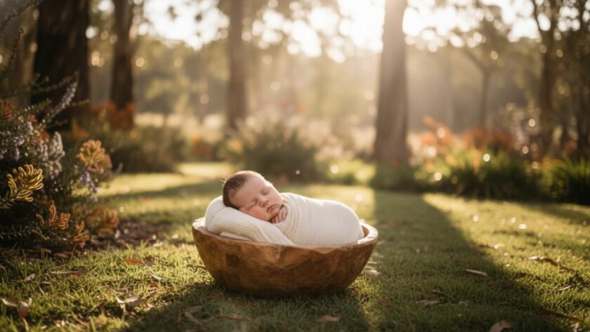 A serene wide-angle shot capturing Coldstream Victoria timeless newborn photography, featuring a peacefully sleeping baby swaddled in soft organic fabric, nestled in a rustic wooden basket amidst a sun-drenched, natural setting reminiscent of the Yarra Valley landscape, with delicate light filtering through eucalyptus trees in the background, conveying warmth and new beginnings.