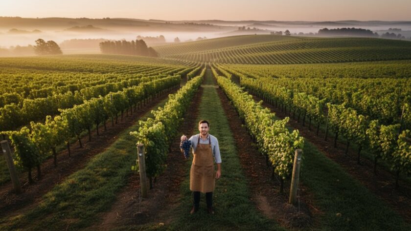 An 'epic moment' aerial shot showcasing a Coldstream winery's expansive vineyards at sunrise, with a winemaker in the foreground inspecting grapes, embodying Coldstream winery commercial photography vibrant brand storytelling.