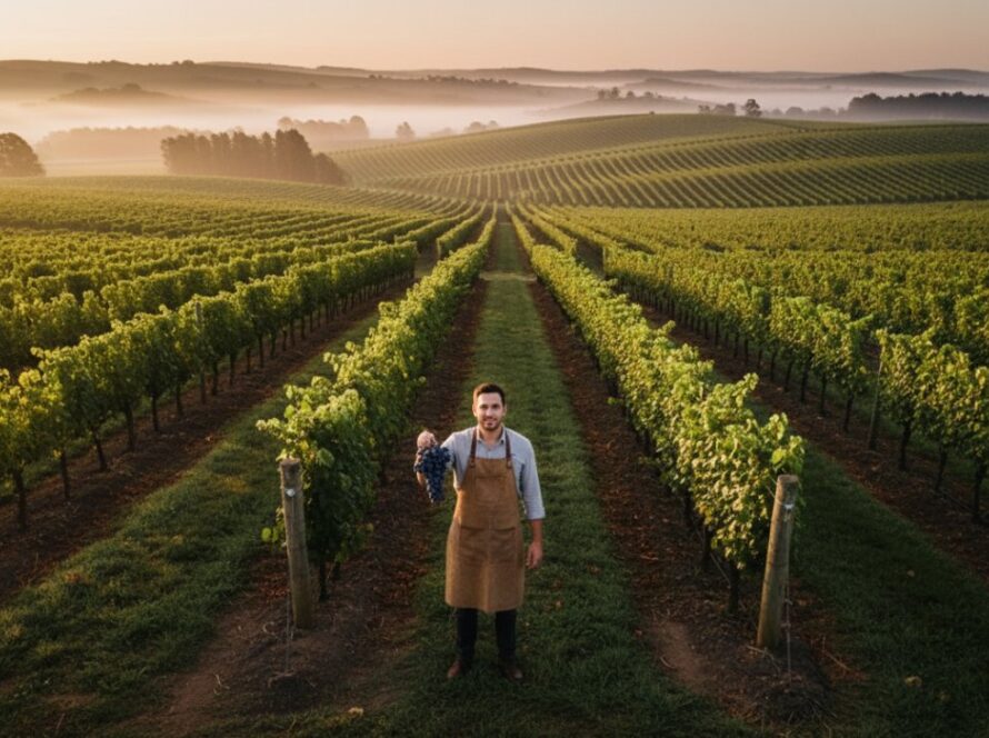 An 'epic moment' aerial shot showcasing a Coldstream winery's expansive vineyards at sunrise, with a winemaker in the foreground inspecting grapes, embodying Coldstream winery commercial photography vibrant brand storytelling.